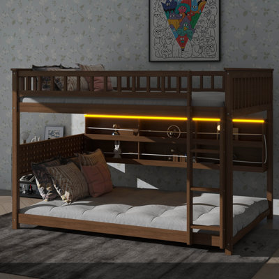 Full Over Full Bunk Bed With Built-In Shelving, Adjustable Lights And Perforated Board