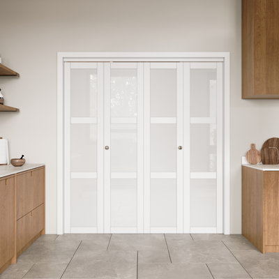 72" × 80" 3-Lite Glass Door Solid Manufactured Wood Double Bi-fold Doors with Hardware Kit (pantry,closet door)
