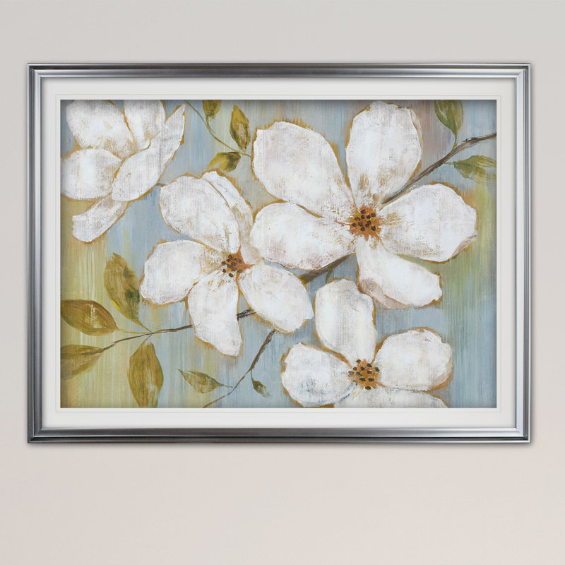 " White Blossoms ", Silver Framed, 30" H x 42" W x 2" D, No Mat