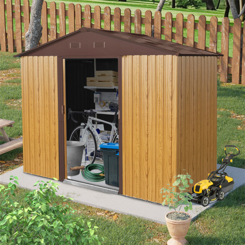 8Ft X 4Ft Outdoor Metal Storage Shed With Sliding Door And Foundation For Backyard, Patio, Lawn, Coffee