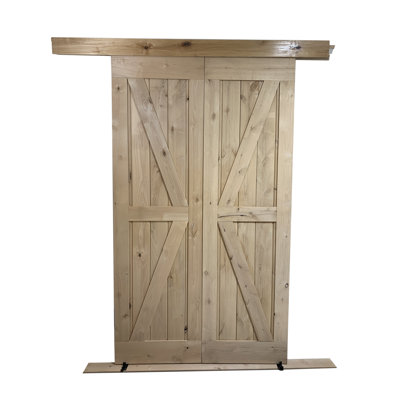 Portes de grange doubles en bois d'aulne avec ensemble de quincaillerie coulissante en bois