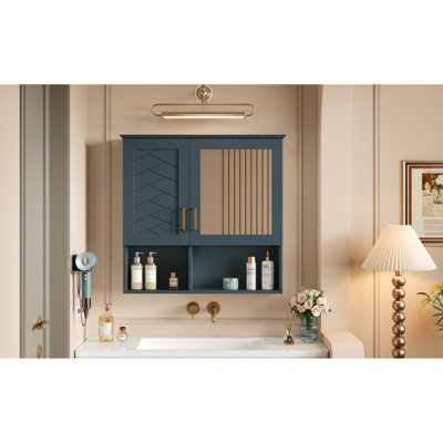Armoire à pharmacie murale 2 en 1 pour salle de bain, 30 po, fermeture en douceur, miroir haute définition, tablettes réglables, miroir de salle de bain rectangulaire peint en bleu avec caractéristique, peint,