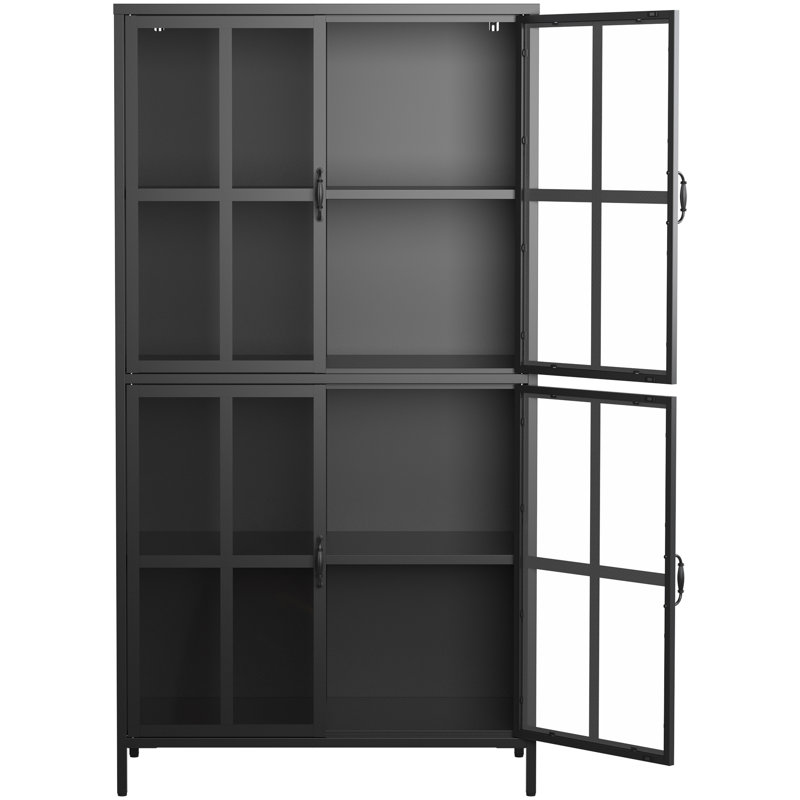 Armoire en métal avec verre trempé, fonction d'automne, portes de rangement en verre spacieuses pour le salon, tablettes réglables, cuisines stables