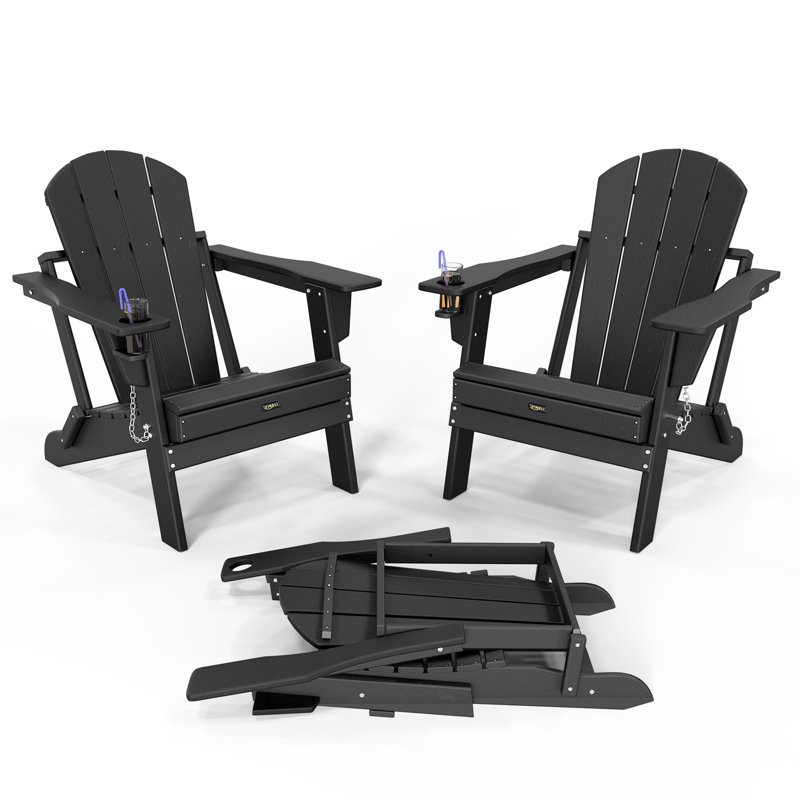Chaise Adirondack pliante en PEHD pour patio avec porte-gobelet, Noir, noir, noir, noir