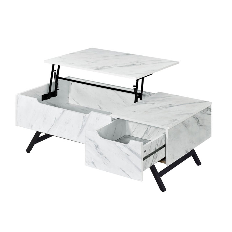 Table basse Throm blanche avec faux grain de marbre et plateau relevable