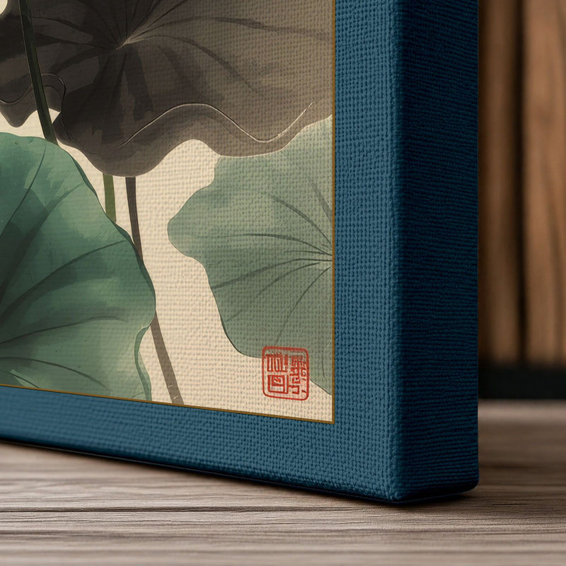Lotus in Bloom Botanical - Wrapped Canvas, 36x24 - 91.4 x 61.0 cm, Teal Border