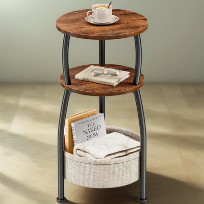 3-Tier Round Side Table With Storage Basket, Compact End Table Nightstand For Small Spaces, Sturdy Living Room Bedroom Patio Corner Table With Tool-Free Assembly