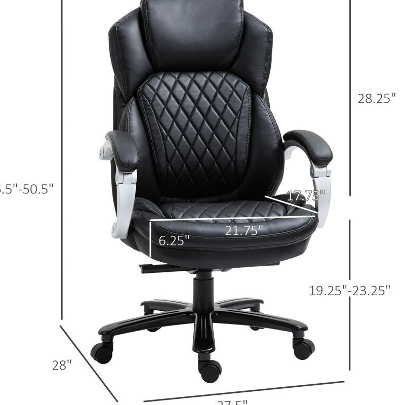 Fauteuil de bureau en noir pour grand et grand, avec hauteur réglable, siège pivotant à haut dossier pivotant et coutures en losange, noir, 360 °