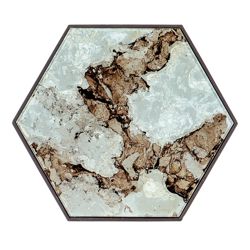 Transitional Hexagonal Stone and Metal Accent Table in Brown