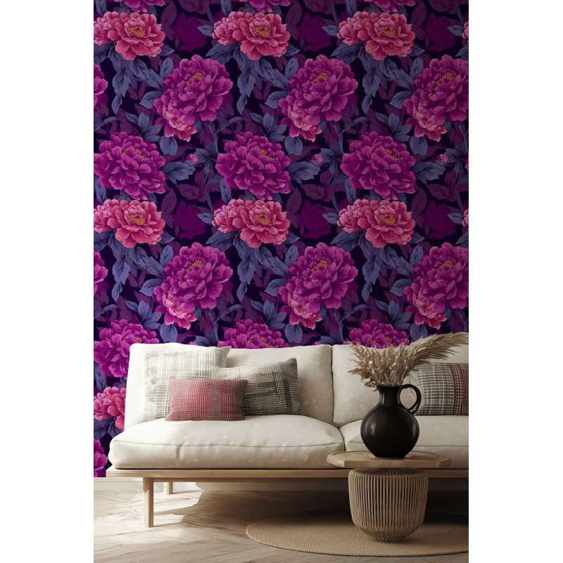 Papier peint floral rétro, décoration murale traditionnelle mauve