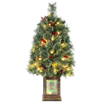 3 Ft Pre-lit Christmas Tree, Potted Artificial Xmas Tree with 70 LED Lights & 16 Pinecones & 16 Red Berries, Easy Assembly
