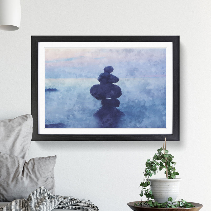Balancing Zen Stones Upon A Lake - Single Picture Frame Painting on MDF, 45cm H x 63cm W x 2cm D, Black