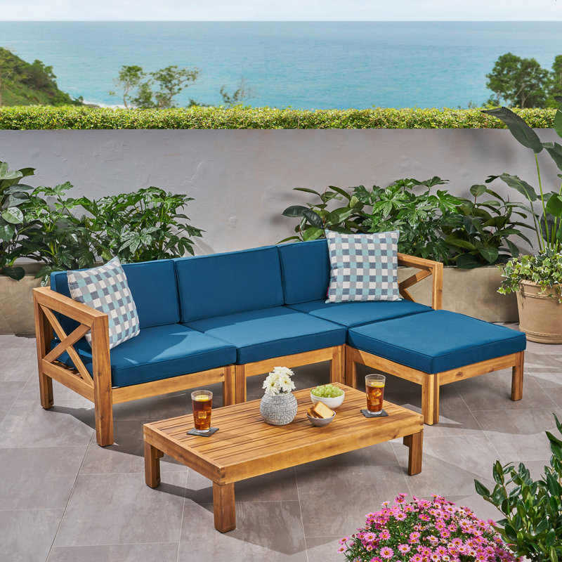 ENSEMBLE DE CANAPÉ ALCOVE LSHAPE, Teck, Coussin bleu / structure en teck
