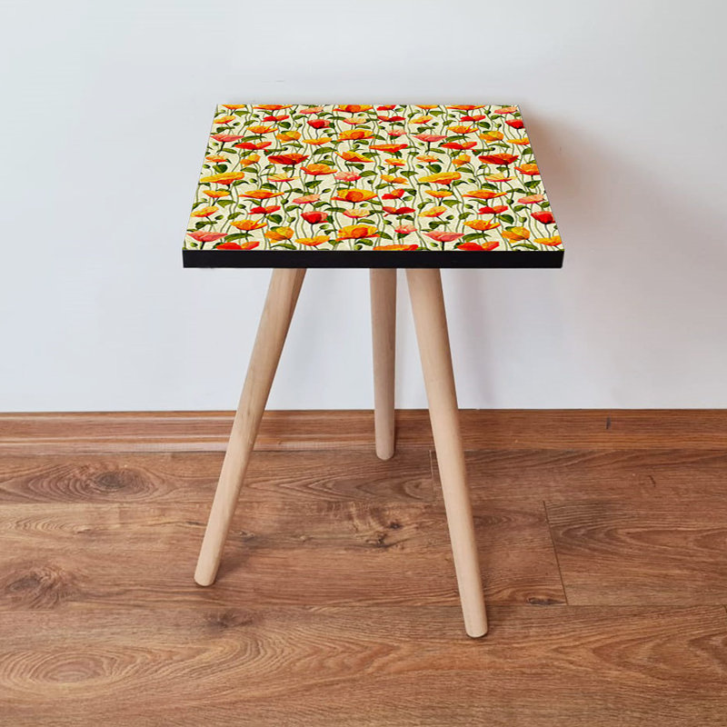 Elegant Modern Side Table with Beech Wood Legs, 13.8 x 16.5 x 13.8 inches | 100% MDF with Vibrant Yellow, Green, Orange & White Colors | Perfect for Living Room, Bedroom, or Office - Stylish Flower Design