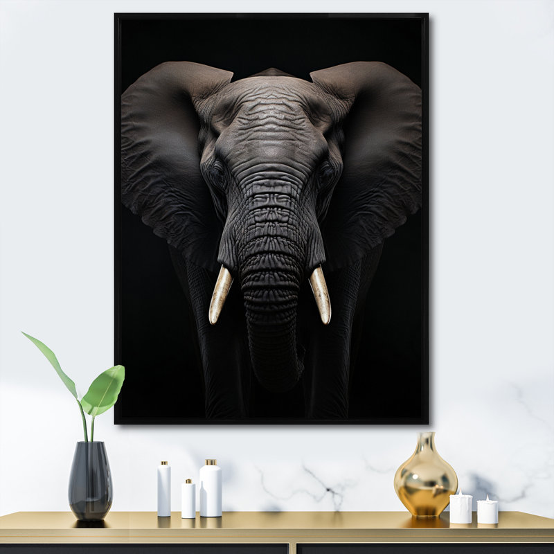 Éléphant noir et blanc «Hine» - Impression, H 32 po x l 16 po x P 1 po, Cadre flottant noir