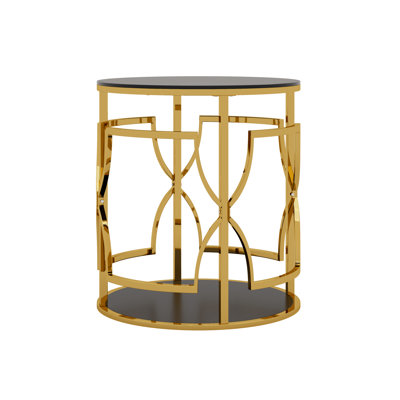 19.7" Luxury Gold Round Side Table with Tempered Glass Top & Storage Shelf, Modern Glam End Table with Metal Frame for Living Room, Bedroom, Sofa Side