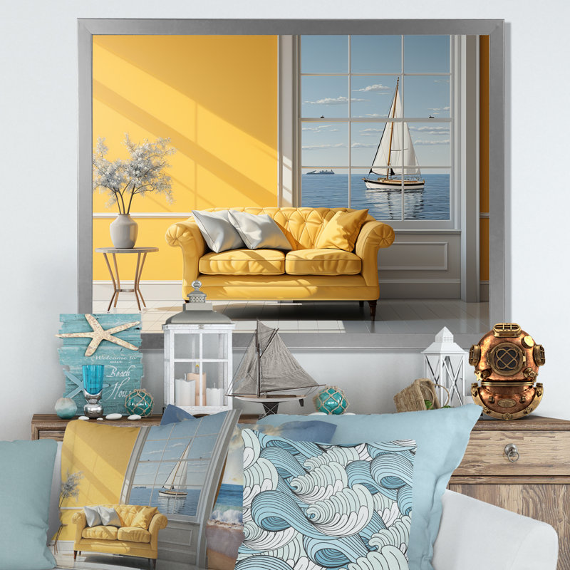 Bord de mer côtier - Décoration murale plage et océan, H 34 po x l 44 po x P 1,5 po, Cadre simple argenté