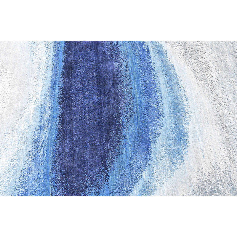 Tapis ivoire / argent / bleu en laine et soie à motif abstrait noué à la main 4 pi x 6 pi