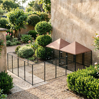 Grand chenil d'extérieur pour chien avec 2 pièces, bols rotatifs et réglables en hauteur, 13,5 pi x 9,4 pi x 5,1 pi