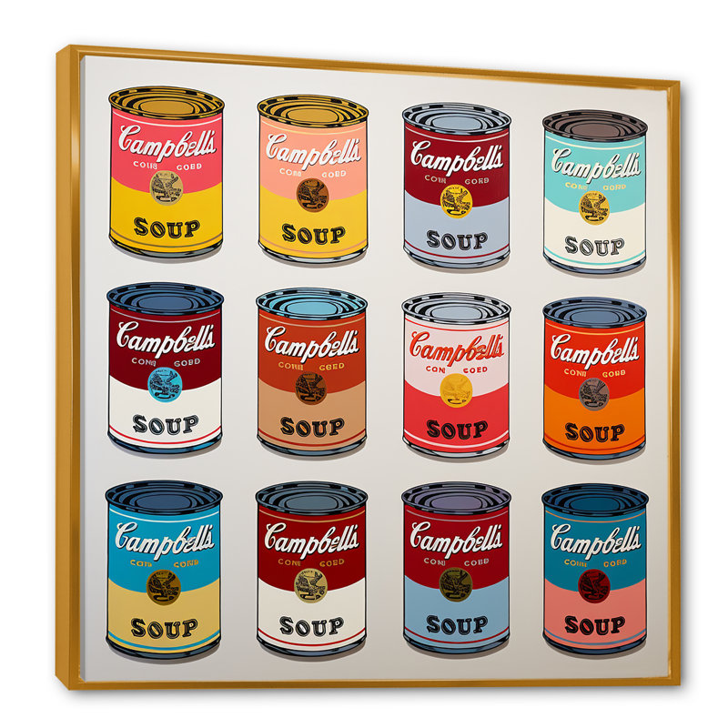 Pop Art Soup Collage III - Art mural lait, Cadre flottant doré, H 36 po x l 36 po x P 1,5 po