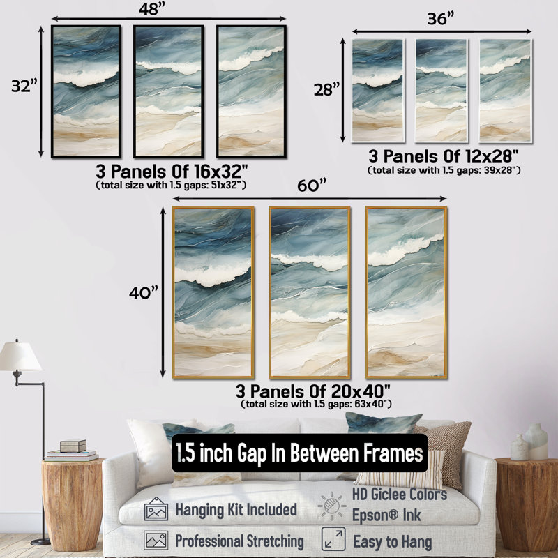 Bleu moderne et beige sable, vue aérienne III - ensemble de reproduction d'art sur la plage côtière, Cadre flottant doré