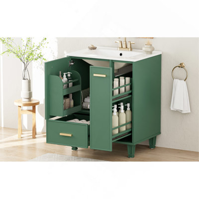 Meuble-lavabo 24 po avec lavabo, armoire de salle de bain avec tablette de porte, tiroir profond, panier coulissant à 2 niveaux, structure en bois massif et panneau de fibres à densité moyenne, un paquet, vert