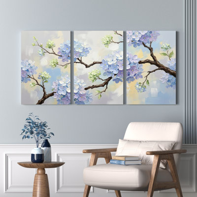 Bleu hortensia floral branche toile tendue art mural, ensemble de 3 reproductions de peinture à l'huile pour salon