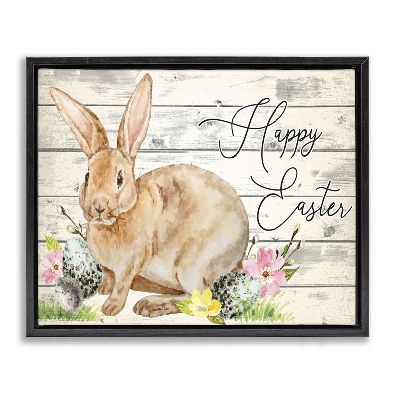Lapin de printemps et joyeuses Pâques, H 31 po x l 25 po, Cadre flottant noir de jais