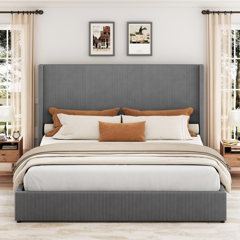 Upholstered Bed Frame with Wingback Headboard & 4 Storage Drawers | Noise-Free Platform Bed for Bedroom & Guest Room, King