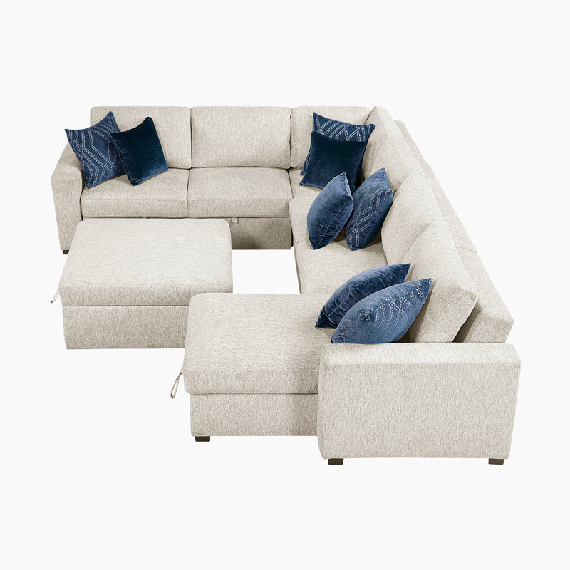 Canapé modulaire moderne et contemporain Orrin - Très grand canapé modulaire en microfibre 6 pièces avec lit escamotable, méridienne de rangement, repose-pieds roulant et 8 coussins.