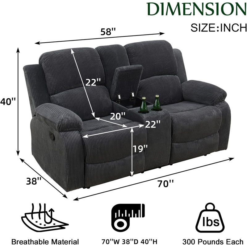 69" Manual Recliner Loveseat With Cup Holders &  Storage, Gray