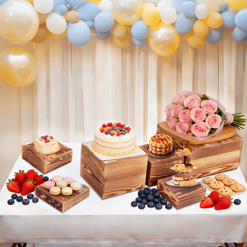 6 Pack Timber Display Risers, 5-10 inch Square Cake Stands for Wedding, Party, Dining Decor, Rustic Timber Crates