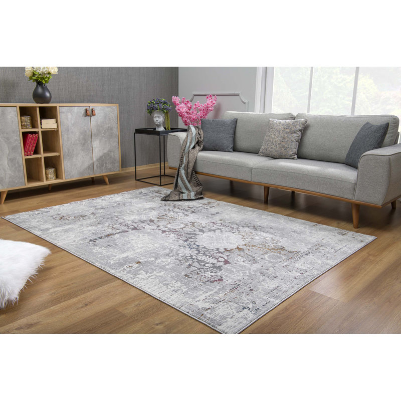 Rug Branch Seren 4' x 6' (3'9" x 5'6") Grey/Beige Distressed Medallion Indoor Area Rug, Comtemporary, High Pile, Stain-Resistant Carpet - Living Room, Bedroom, Dining Room, and Kitchen