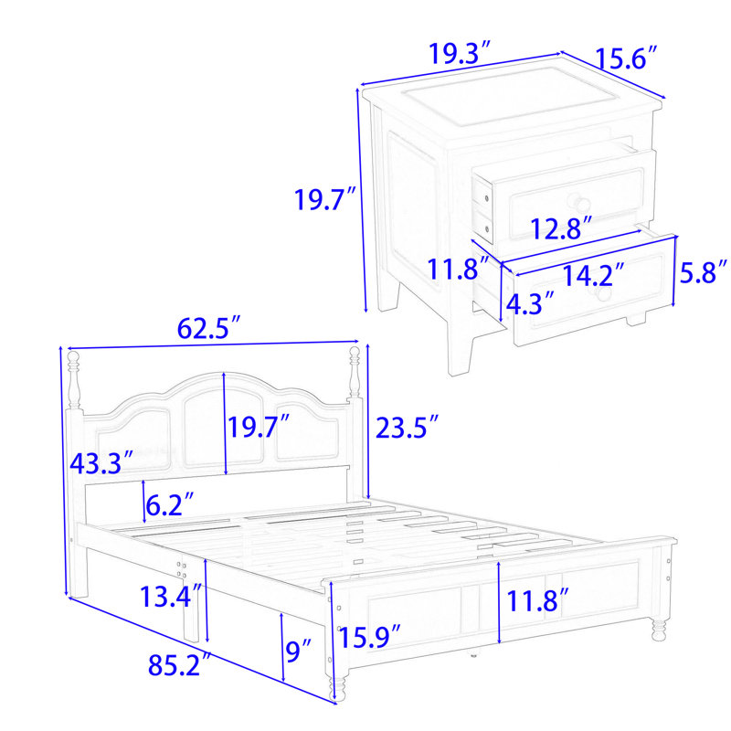 Lit plateforme en bois avec tête de lit et deux tables de chevet, Blanc, Queen