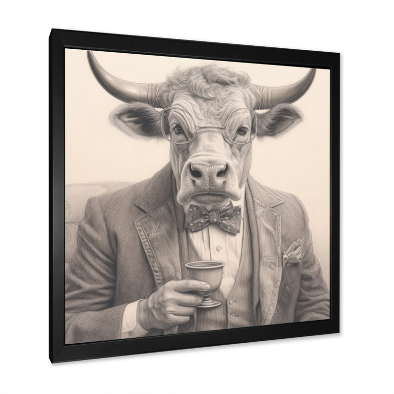 " Cow Having A Drink I ", Black Single Picture Framed, 36" H x 36" W x 1.5" D
