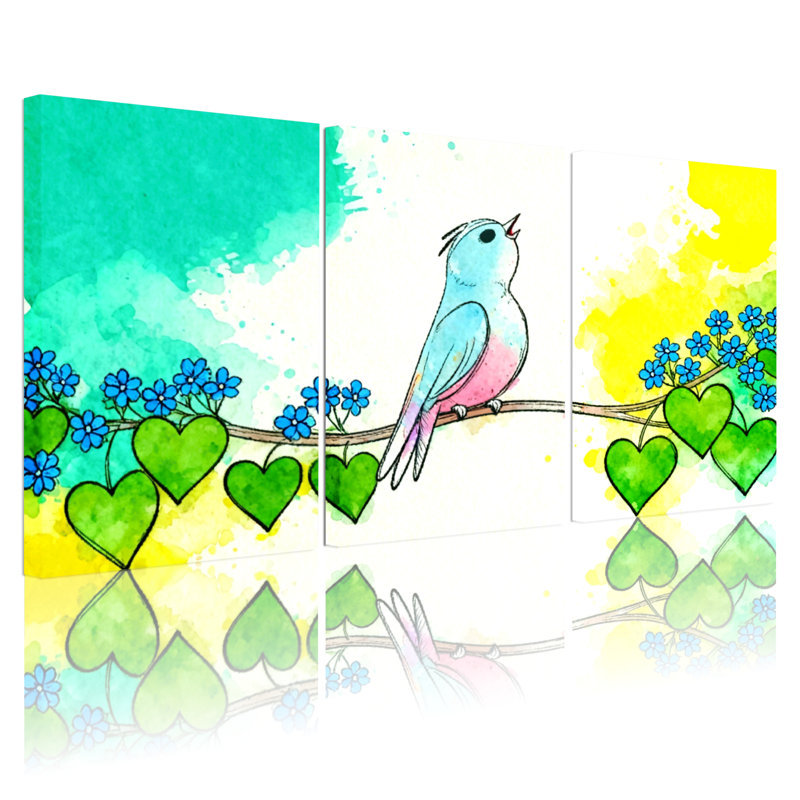 Oiseaux colorés sur une branche avec des cœurs et des fleurs, ensemble de 3 impressions sur toile, H 24 po x l 48 po
