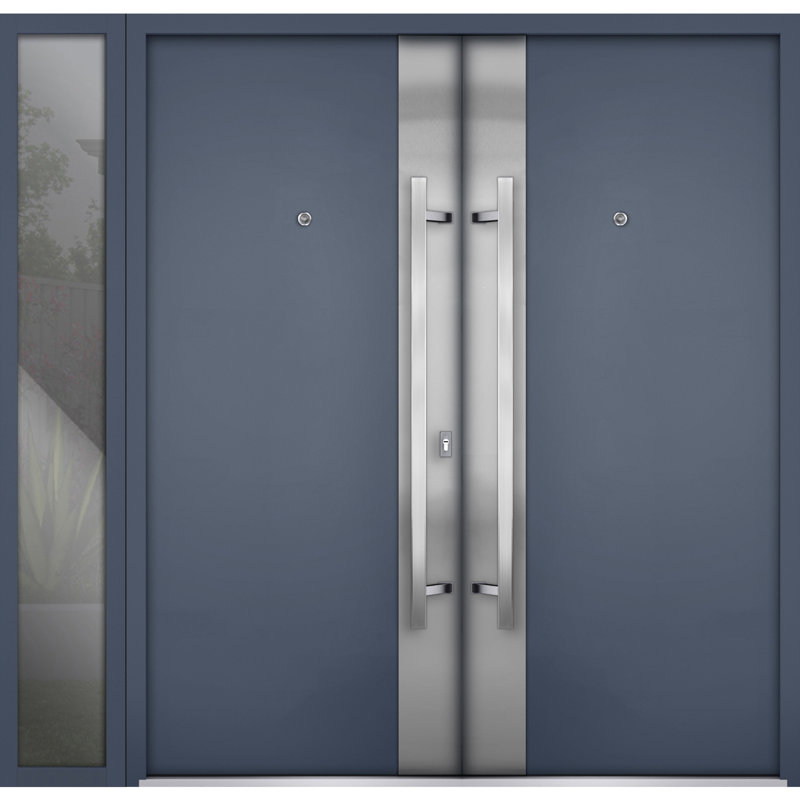 Porte d'entrée extérieure prémontée en métal, modèle Deux 0729, gris graphite, insert en acier inoxydable, imposte latérale, style moderne peint, 84 x 80 po (L 72 + 12 po x H 80 po), ouverture à gauche vers l'intérieur