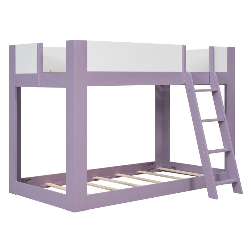 Lit superposé bas simple, lit superposé convertible en bois avec échelle réversible, barrières de sécurité, violet et blanc