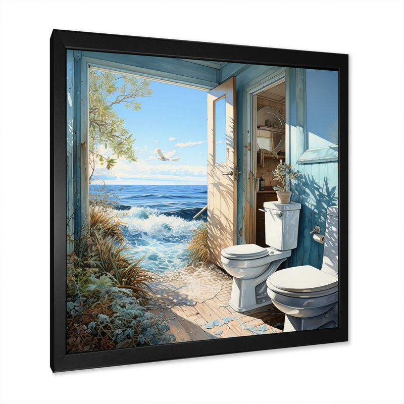 «Oceanic Escape Toilette Pointillism» - Imprimé, H 30 po x l 30 po x P 1 po, Cadre photo noir