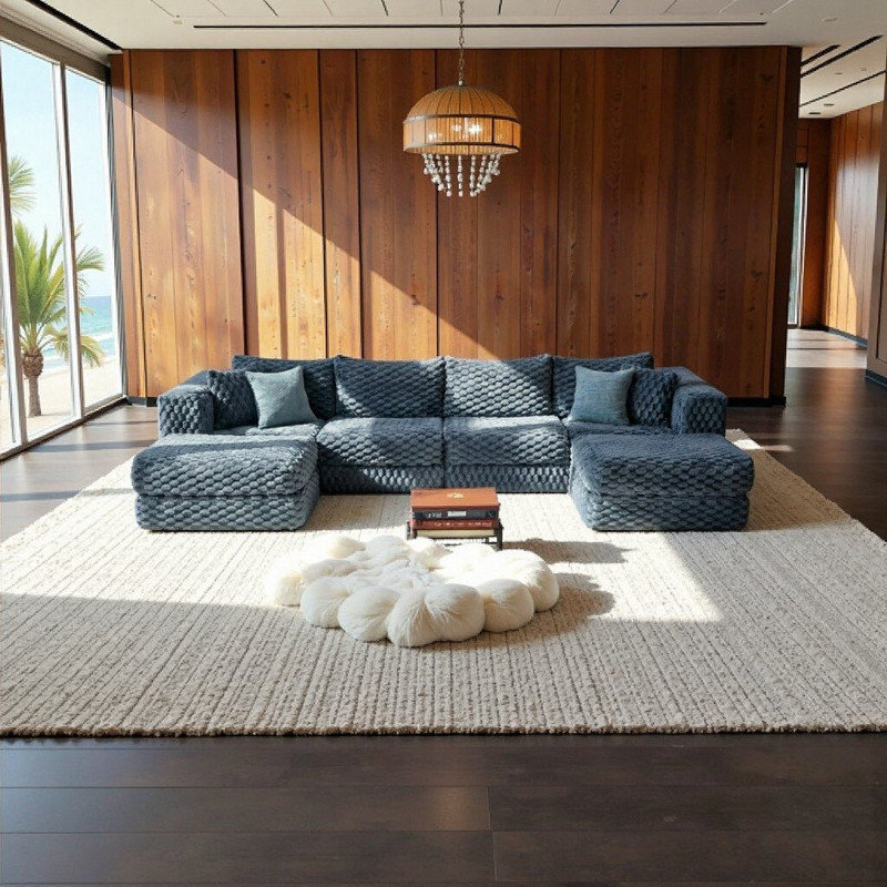 Canapé modulaire en forme de U avec repose-pieds 135,5 po, Bleu