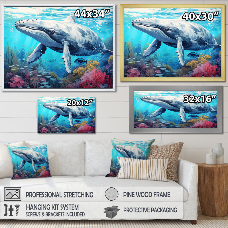 «Whale Tranquility Oasis» sur toile, Cadre flottant blanc, H 24 po x l 32 po x P 1 po