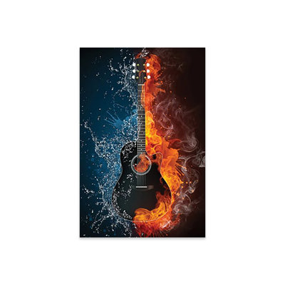 Guitare acoustique, feu et eau, impression sur verre acrylique