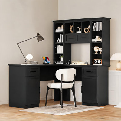 L-Shaped Computer Desk with Dual Cabinets, 2 Drawers, and 11 Open Shelves, Sleek Black Finish, 65 Inches Wide for Home Office
