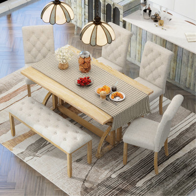 Table de salle à manger rétro avec 4 chaises et 1 banc en bois naturel