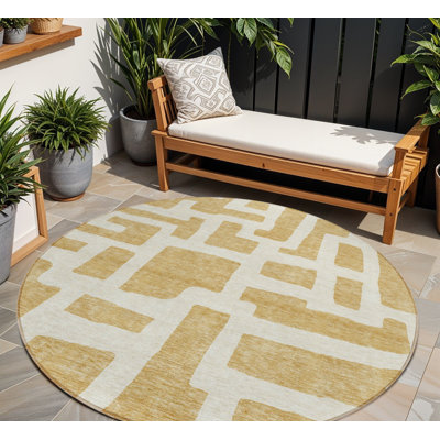 Tapis intérieur rond lavable abstrait doré et ivoire 8 pi