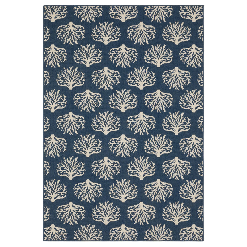 Aganlane Coastal Coral Navy/ Ivory Indoor/Outdoor Area Rug, Rectangle 6'7" x 9'7"