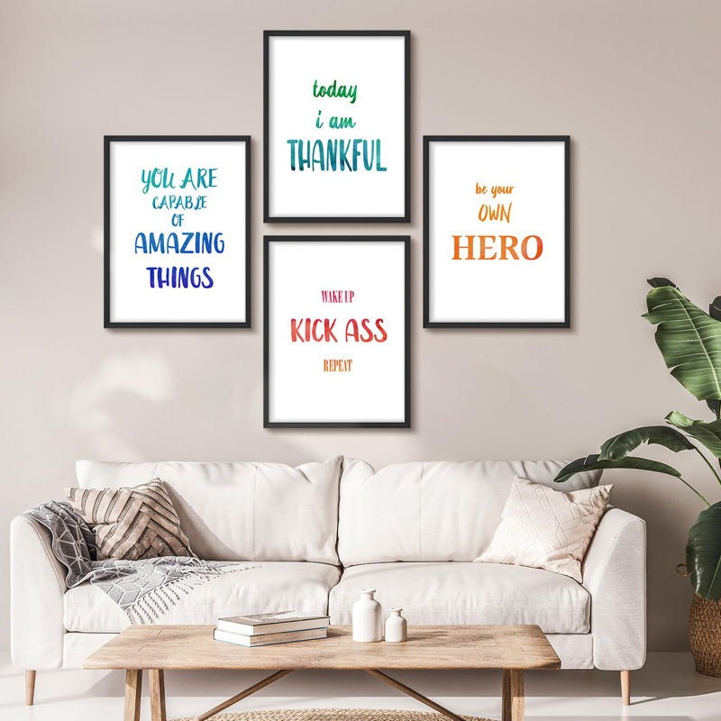 " Positive Affirmation Inspirational Typography Modern Artwork Minimalist Wall Art Decor " 4 - Pieces, 28" H x 22" W, Black