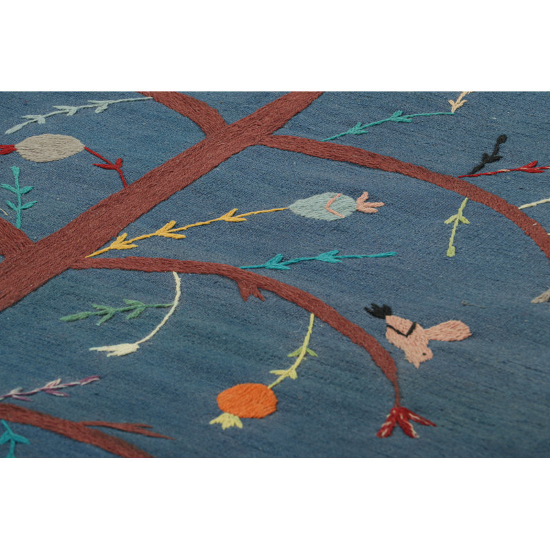 Rug & Kilim’S Suzani Style Kilim In Blue With Polychrome Tree And Bird Pictorial