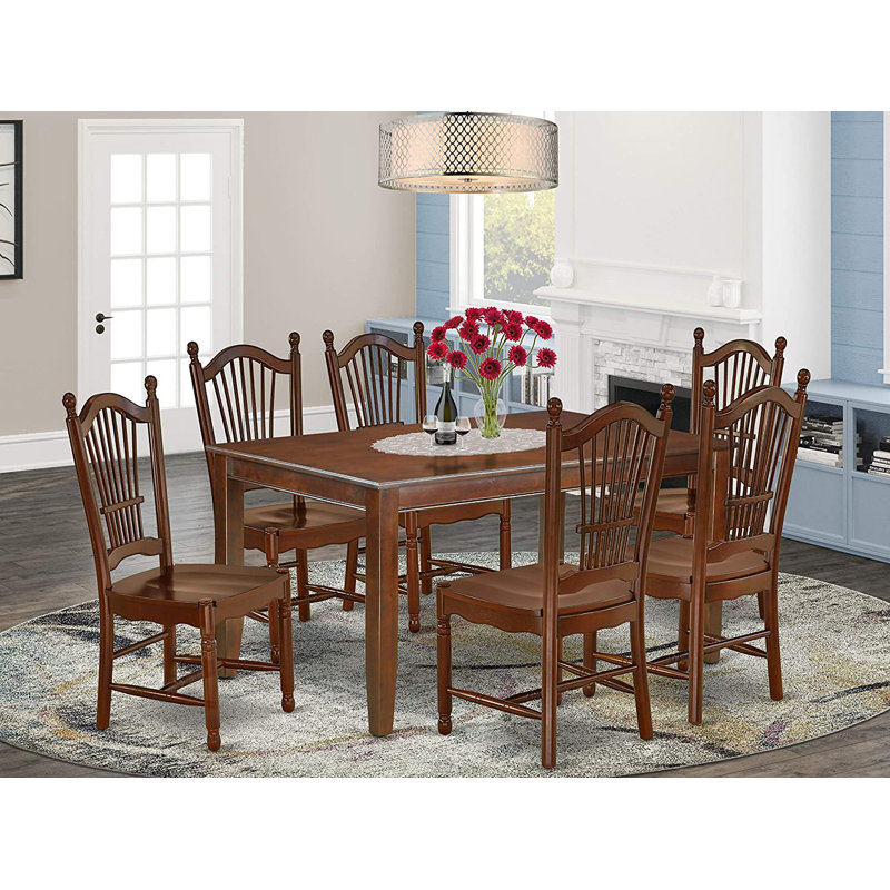 Tana Rubberwood Solid Wood Dining Set, 7 Pieces: Table, 6 Chairs