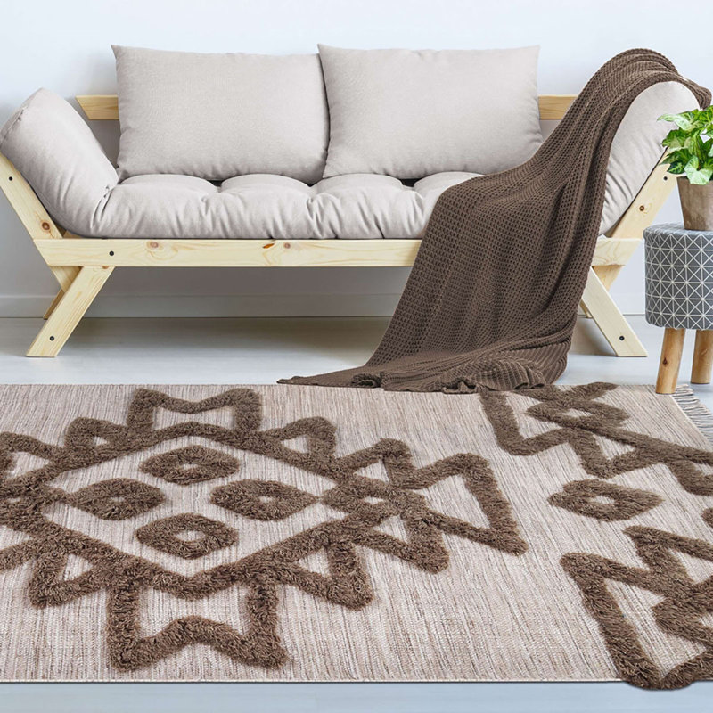 4' X 6' Sand Wool Geometric Flatweave Handmade Stain Resistant Area Rug With Fringe